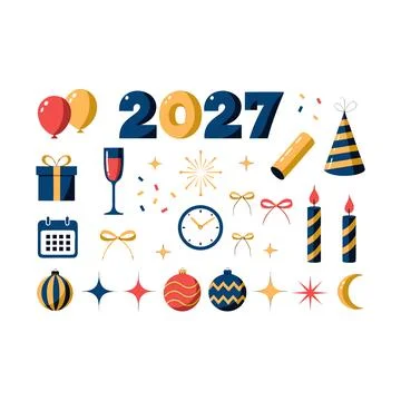 New Year 2027 Celebration Elements Collection with Decorative Numbers, Part.. Stockillustratie