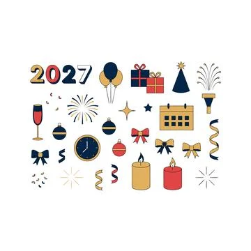 New Year 2027 Celebration Elements Collection with Decorative Numbers, Part.. Stockillustratie