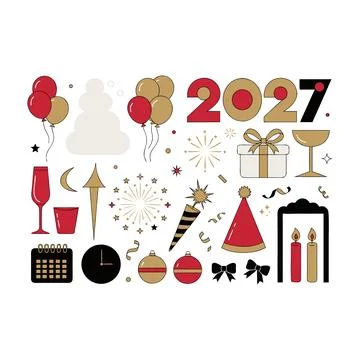 New Year 2027 Celebration Elements Collection with Decorative Numbers, Part.. Stockillustratie