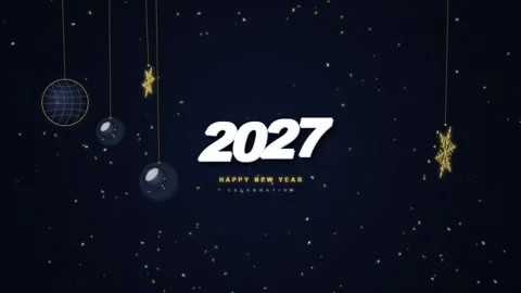 New year 2027 celebration loop with rotating gold snowflakes and hanging or.. Stockbeeldmateriaal 343249038