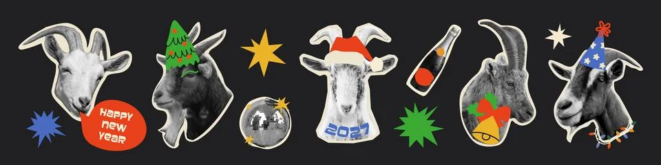 New Year 2027 collage element collection with goats, disco ball and champag.. Stock Illustration