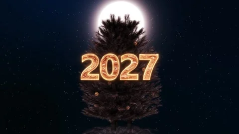 New Year 2027 Gold Typography with Pine Tree and Winter Moon Stock Footage 342632351