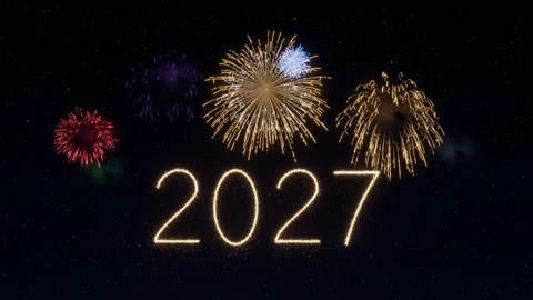 New year 2027 transition from 2026 with sparkling fireworks in 3D render Stock Footage 345636885