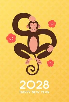 New Year 2028 funny monkey vertical card template Stock Illustration