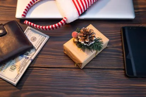 New year and christmas business flat lay with stack of hundred dollar bills o Stock Photos