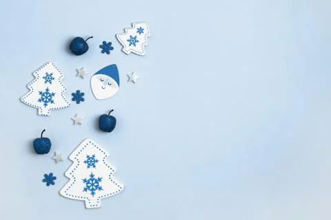 New Year and Christmas composition. Frame frome blue and white christmas toys Stock Photos