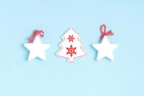 New Year and Christmas composition from white stars, chrismas tree on pastel  Stock Photos