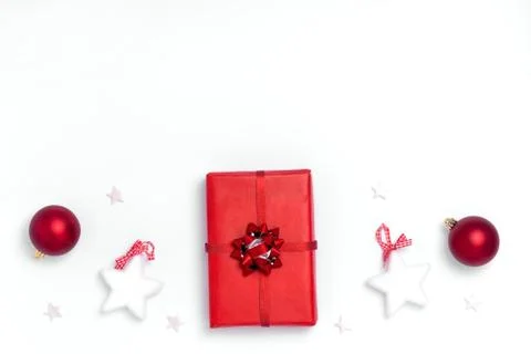 New Year and Christmas composition. Frame on white background. Top view, flat Stock Photos