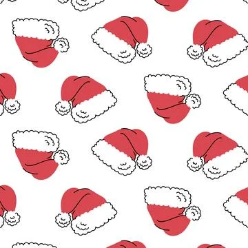 New Year and Christmas pattern with red hat with ponpon of Santa Claus. Stock Illustration