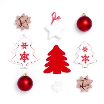 New Year and Christmas square composition on white background. Top view, flat Stock Photos