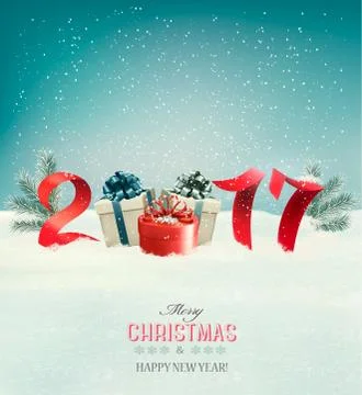 New Year background with a 2017 and gift boxes. Vector. Illustrazione stock