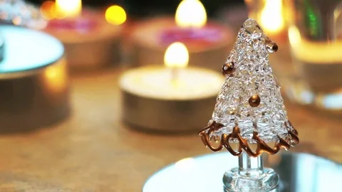 New year background with glass christmas tree,burning candles Stock Footage