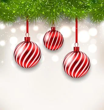 New year background with glass hanging balls and fir twigs Stock Illustration