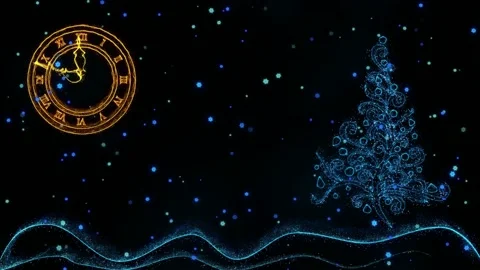 New year background with golden clock and shiny fir tree Stock Footage 144987878