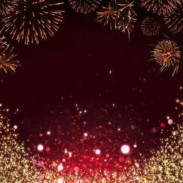New year background with lights and colored firework on red Stock Illustration