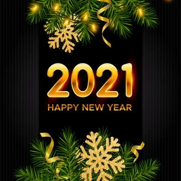 New Year background with pine branches, snowflakes, tinsel, numbers 2021 Stock Illustration