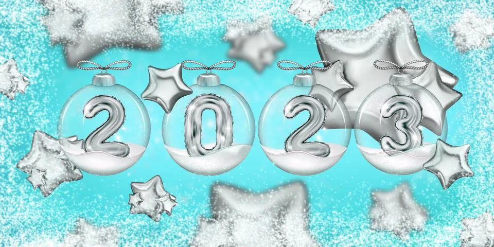 New year banner with star ballon and balloon Numbers 2023 in Christmas ball. 3d Stock Illustration