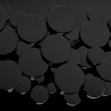 New year black abstract background with flying glossy plastic circles as patt Stock Photos