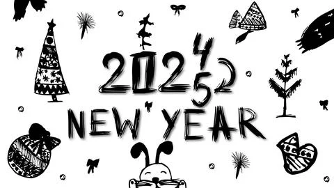 New Year card 2025 made in ink with drawings in doodle style Stock Illustration