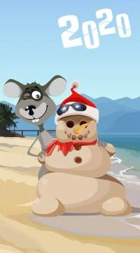 New Year card. Cartoon snowman made of sand with a mouse in the tropics Stock Illustration
