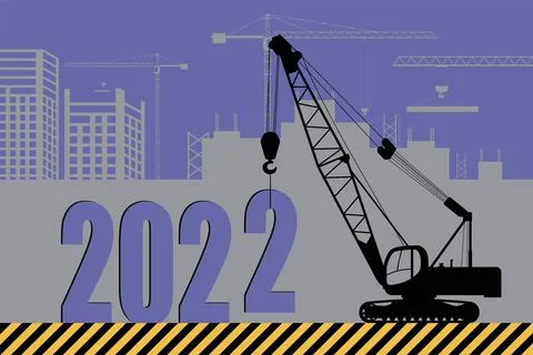 New Year card. Construction crane assembles 2022 figures. Stock Illustration