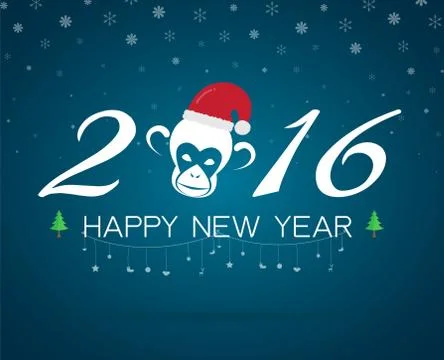 New year card with monkey and santa hat for year 2016 스톡 일러스트