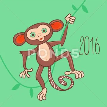 New Year card with the monkey holding vine. Stock Illustration