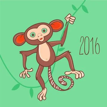 New Year card with the monkey holding vine. Stock Illustration