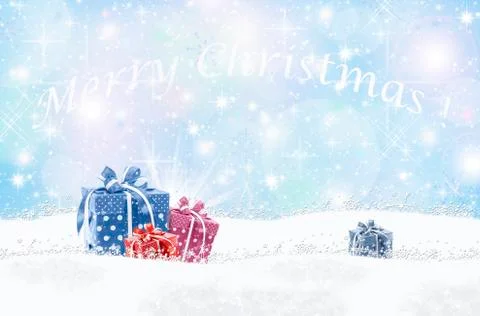 New Year card. Multicolored boxes with gifts in the snow 스톡 일러스트