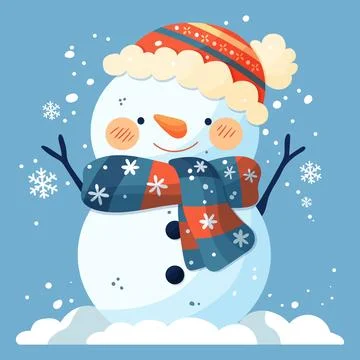 New Year card. A snowman in an orange hat and a scarf decorated with snowflak Stock Illustration