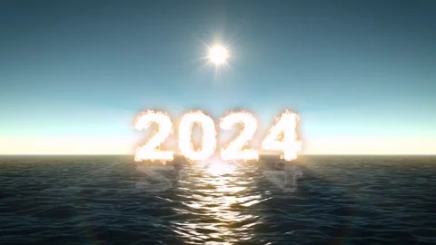 New Year Celebration background of Burning 2024 Text on the Sunset Ocean Video stock 265247431
