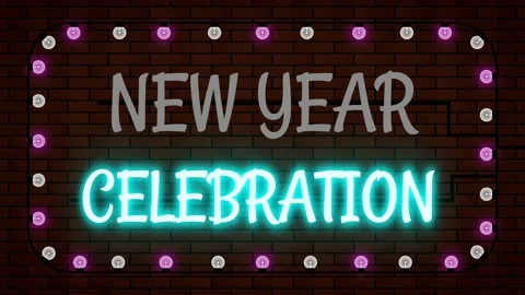 New year celebration blinking word on brick wall with blue and pink light. Stock Footage 220024060