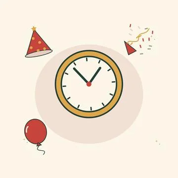 New Year celebration with clock and party hat. Decorative flat vector composi Stock Illustration