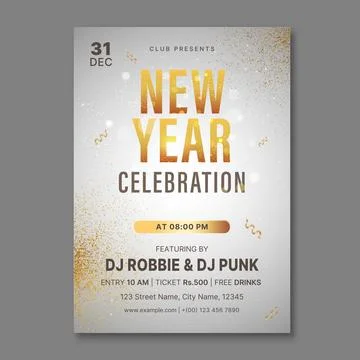 New Year Celebration Poster Template in Silver and Golden Color with Confet.. Stock Illustration