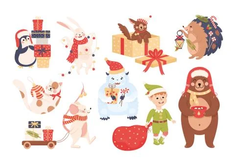 New Year Characters with Elf, Abominable and Bear Vector Set Ilustración de archivo