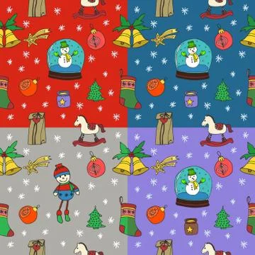 New Year Christmas seamless pattern set. Hand Drawn illustration. Vector. Stock Illustration