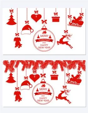 New Year Christmas. Set different hanging ornaments Santa hat, deer, heart, g Stock Illustration