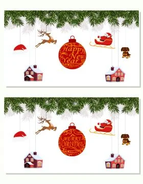 New Year Christmas. Set different hanging ornaments Santa hat, deer, heart, g Stock Illustration