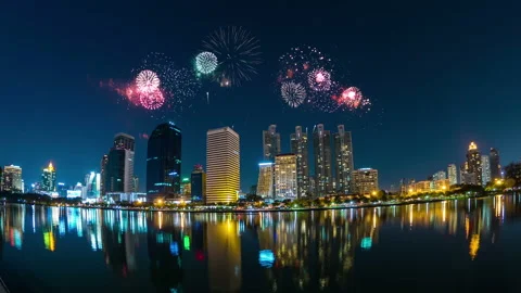 New Year City Firework with a reflection Video stock 236744909