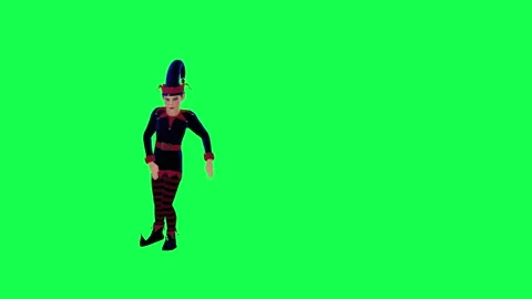 New Year clown elf in red blue dress break dancing from right angle on green Video stock 247973041