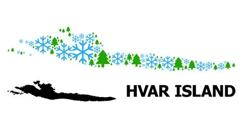 New Year Collage Map of Hvar Island of Snowflakes and Fir-Trees Stock Illustration