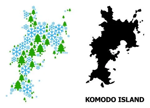 New Year Collage Map of Komodo Island of Snow and Fir Trees Stock Illustration