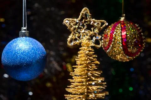 New year composition of balls and gold christmas trees Foto stock