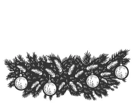 New Year composition of fir branches and New Years toys. Engraving vector Stock Illustration