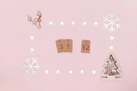 New Year composition. Frame from white stars, snowflakes, chrismas tree and s Stock Photos