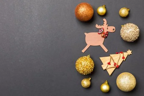 New Year composition made of baubles, reindeer and other decorations on color Stock Photos