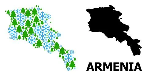 New Year Composition Map of Armenia with Snow Flakes and Fir Forest Stock Illustration