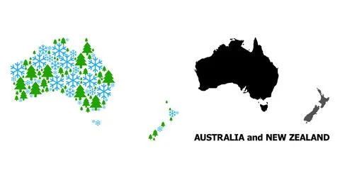 New Year Composition Map of Australia and New Zealand with Snow and Fir Forest Stock Illustration
