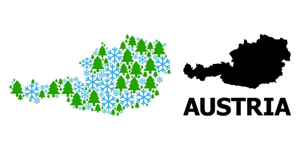 New Year Composition Map of Austria with Snow Flakes and Fir Forest Stock Illustration