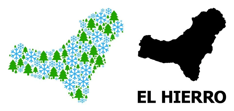 New Year Composition Map of El Hierro Island with Snow and Fir Trees Stock Illustration